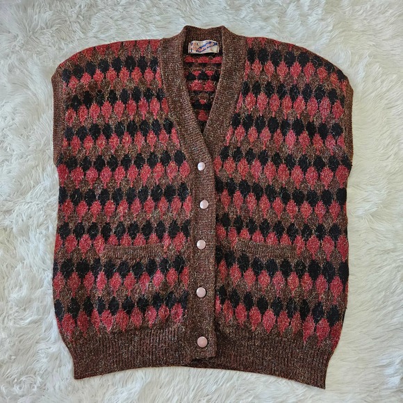 new wang kang co Sweaters - New Wang Kang Co. Vintage Diamond Print Button Up Metallic Sweater Vest. Size XL